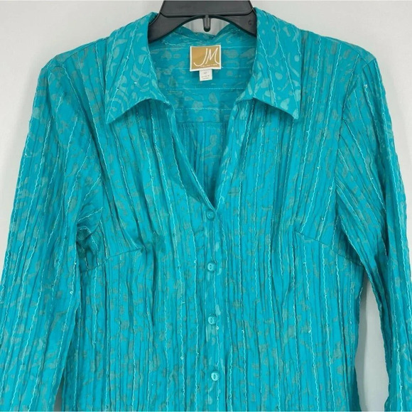 JM Collection Shirt Womens Sz 12 Blue Green Crepe Collared Button Up Long Sleeve - Picture 5 of 7